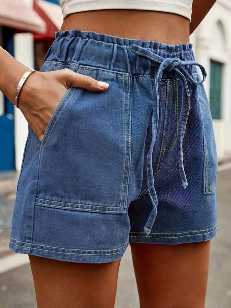 2025 New Women's High Waist Slim Fit Stretch Denim Shorts - Dark Blue Washed Elastic Waistband Double Pockets, Summer Casual Shorts For Style Lovers, Casual Outfit | High Waist Shorts | Classic Blue Washed Women's Shorts - Màu xanh lam - Xem 1