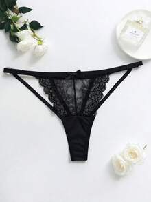 AB. 女士蕾丝细肩带丁字裤，饰有蝴蝶结，低腰透视内衣，创新透明设计释放致命诱惑，可调节腰围，适合夜店和约会之夜 - 黑色 - 查看 6