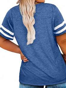 Plus Women Gap V Neck Casual Tee T Shirt Tops - Blue - View 2