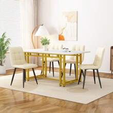 Mesa de comedor moderna de lujo de 120 x 70 cm, rectangular, con estructura de metal y patas doradas, ideal para comedor y sala de estar.