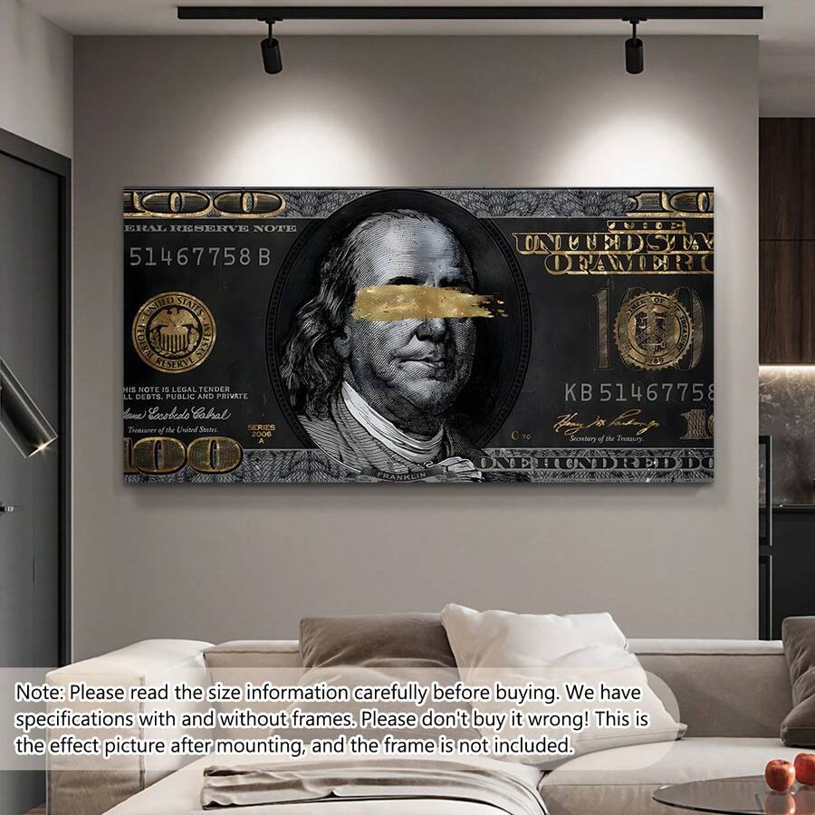 1/2 件套复古美元帆布艺术印刷品 - 现代无框当代抽象墙饰，以黑色背景和金色点缀的本杰明·富兰克林肖像为特色 - 适用于客厅、卧室或走廊，走廊艺术 | 当代美学 | 独特的美元艺术，帆布墙画，海报，墙饰，房间装饰，带框墙饰