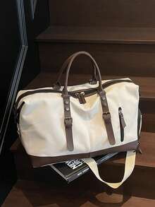 BAILEE 1 Pc Fashionable And Casual Retro Large Capacity Multifunctional Solid Color Washed Canvas Foldable With Zipper Design Travel Bag&Week Bag&Fitness Bag For Men And Women For Travel Business&Exercise Fitting&Back To School - Beige - View 8