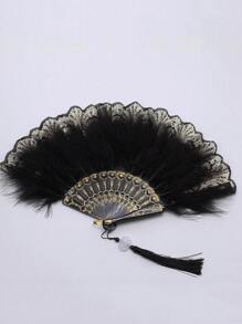 1pc Women Retro Feather Lace Folding Fan, Classical Dance Cheongsam Prop, Stage Performance Hand Held Fan For Costume Party