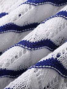 Women Fashion Long Sleeve Striped Contrast Color Knit Coverup Beach Dress, Vacation Style