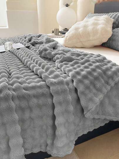 1pc Soft & Cozy Bubble Fleece Rolled Edge Blanket, Light Gray Color, Suitable For Bedroom & Guest Room