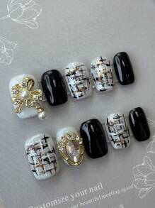 10 piezas de uñas postizas cortas, con texto personalizado y nombre personalizado, arte de uñas de verano, hermosas uñas falsas, hazlo tú mismo, patrón de tartán con lazo dorado, uñas doradas, negras, suministros de uñas reutilizables para niñas, señoras en bodas, fiestas, vacaciones, regalo de un juego de kit de uñas