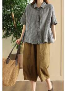 Plus Size Casual Minimalist Plaid Short Sleeve Shirt