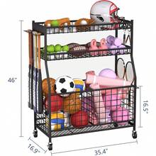 Organizador deportivo, Organizadores y almacenamiento de garaje, Carro de almacenamiento de pelotas deportivas para organización de garaje, Estantería de almacenamiento negra - Multicolor - Ver 3