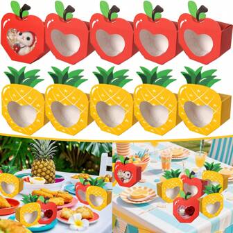 10 件夏季派对礼品盒迷你苹果菠萝纸质礼盒带窗口卡通水果设计零食盒生日婴儿洗礼夏季海滩泳池派对礼品包装用品