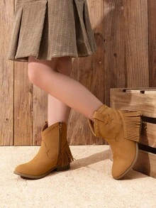Girls Cowgirl Cowboy Ankle Western Boots Side Zipper Riding Shoes With Tassel Little Kid/Big Kid - Coffee Brown - View 3