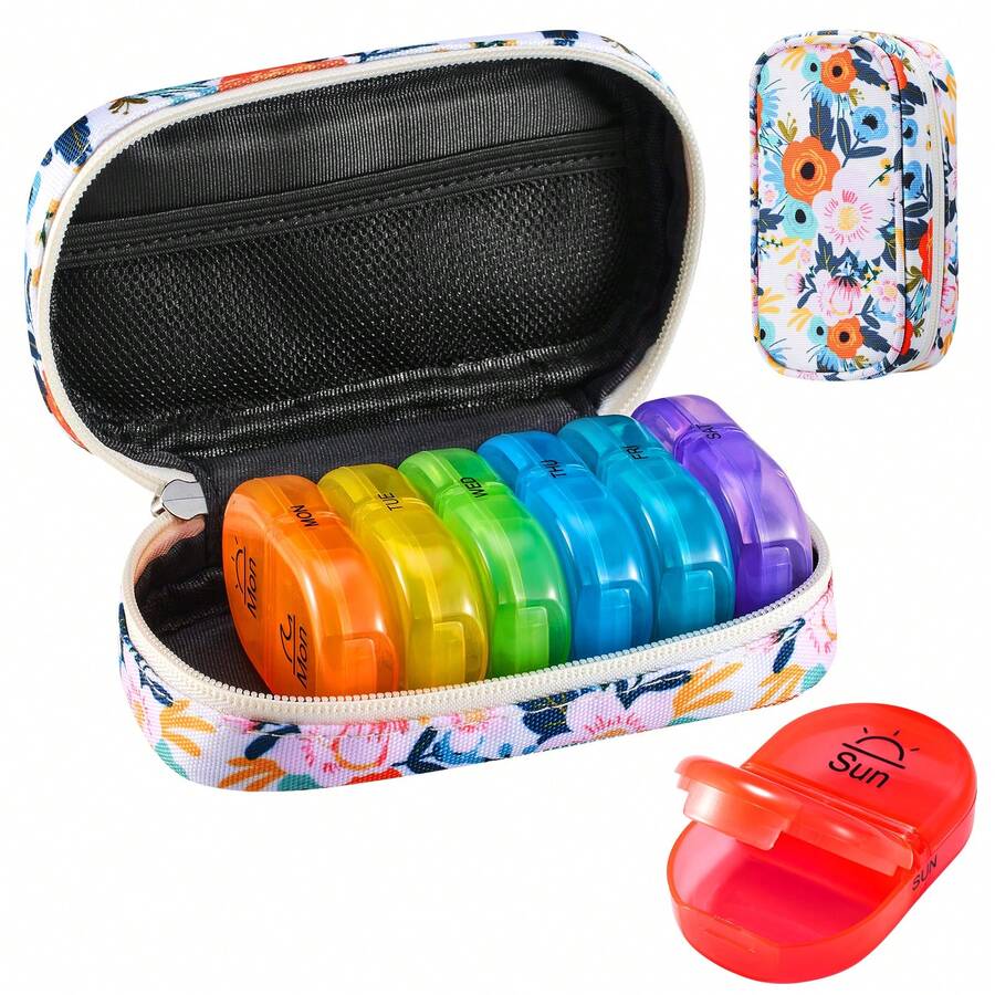 Serfeymi 7-Day Pill Organizer With Zipper Bag - Vibrant Rainbow Design, Portable Medication Storage Box For Vitamins, Fish Oil Supplements | Travel Essential, Compact Pill Case For Daily Use And Travel