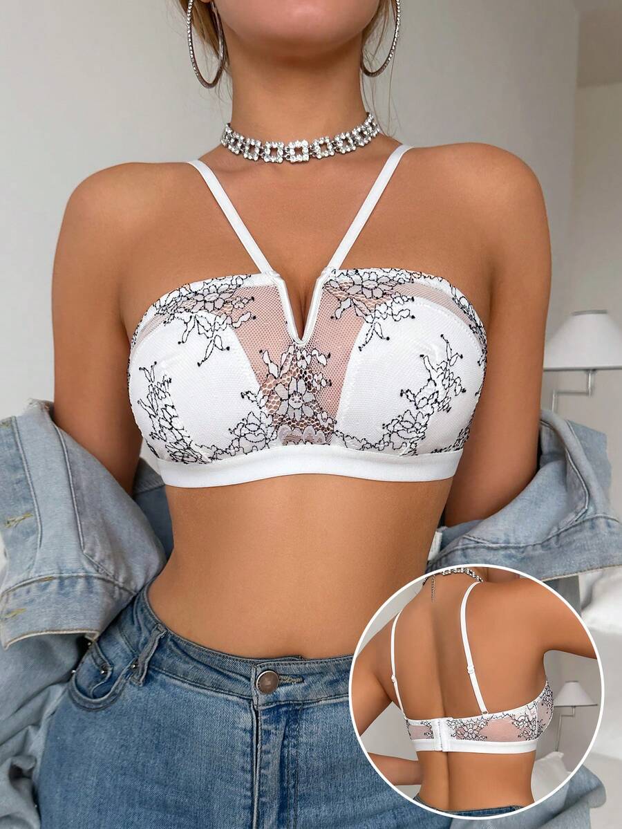 Lencería de mujer con sujetador de halter con detalles de encaje floral transparente - Blanco - Ver 1