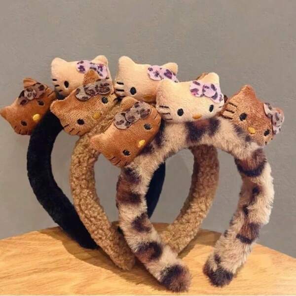 Diadema con estampado de gato leopardo Sanrio de 1 kilate, diadema adorable para mujer, diadema para rostro y maquillaje, diadema de dibujos animados, diadema de oso de peluche, para el Día de la Madre, ceremonia de graduación, fiesta y promoción fotográfica