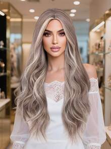 34英寸时尚高光泽合成纤维假发，女士超长波浪卷发，金色挑染，提亮肤色，打造青春蓬松发型，适合日常佩戴和婚礼场合，自然柔软轻盈。 - 挑染金色 - 查看 3