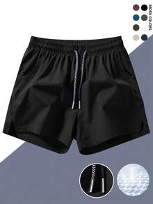 Men's Quick Dry Solid Color Casual Sports Shorts With Pockets And Adjustable Drawstring Waist, Suitable For Gym, Basketball And Outdoor Activities - Black - View 2