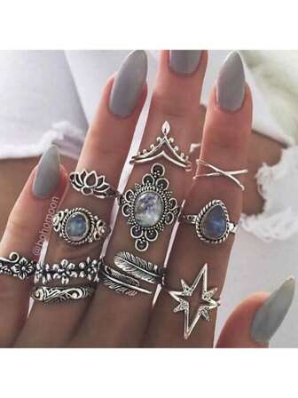 11pcs/Set Vintage Boho Style Metal Rhinestone Carved Starry Gemstone Rings Set, Suitable For Daily Wear