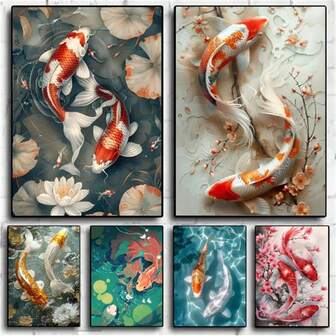 1 pieza Póster con opción de marco Arte de pared vintage Carpa Koi que siempre trae buena suerte Póster de arte HD resistente al agua para decorar el hogar, la sala de estar, el dormitorio, el bar