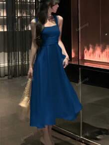 Vestido elegante de dama de honor de línea A con cordones ajustados, sin mangas, unicolor, para fiesta, graduación, midi, para mujer en primavera y verano, de Francia