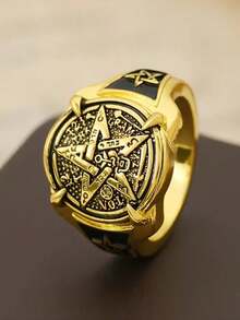 1pc Elegant Men's Gold-Color Copper Ring With Intricate Ancient Egyptian & Pentagram Design, Suitable For Formal Events, Parties, Daily Wear, Ideal Gift For Boyfriend, Husband, Father On Valentine's Day/Father's Day