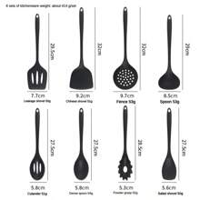 8 pièces Set de cuisine en silicone pour la maison, comprenant une spatule chinoise, une louche, une passoire, une poêle, une cuillère à soupe, un service à pâtes, des pinces à salade, un dilueur de miel, disponibles en rouge et noir