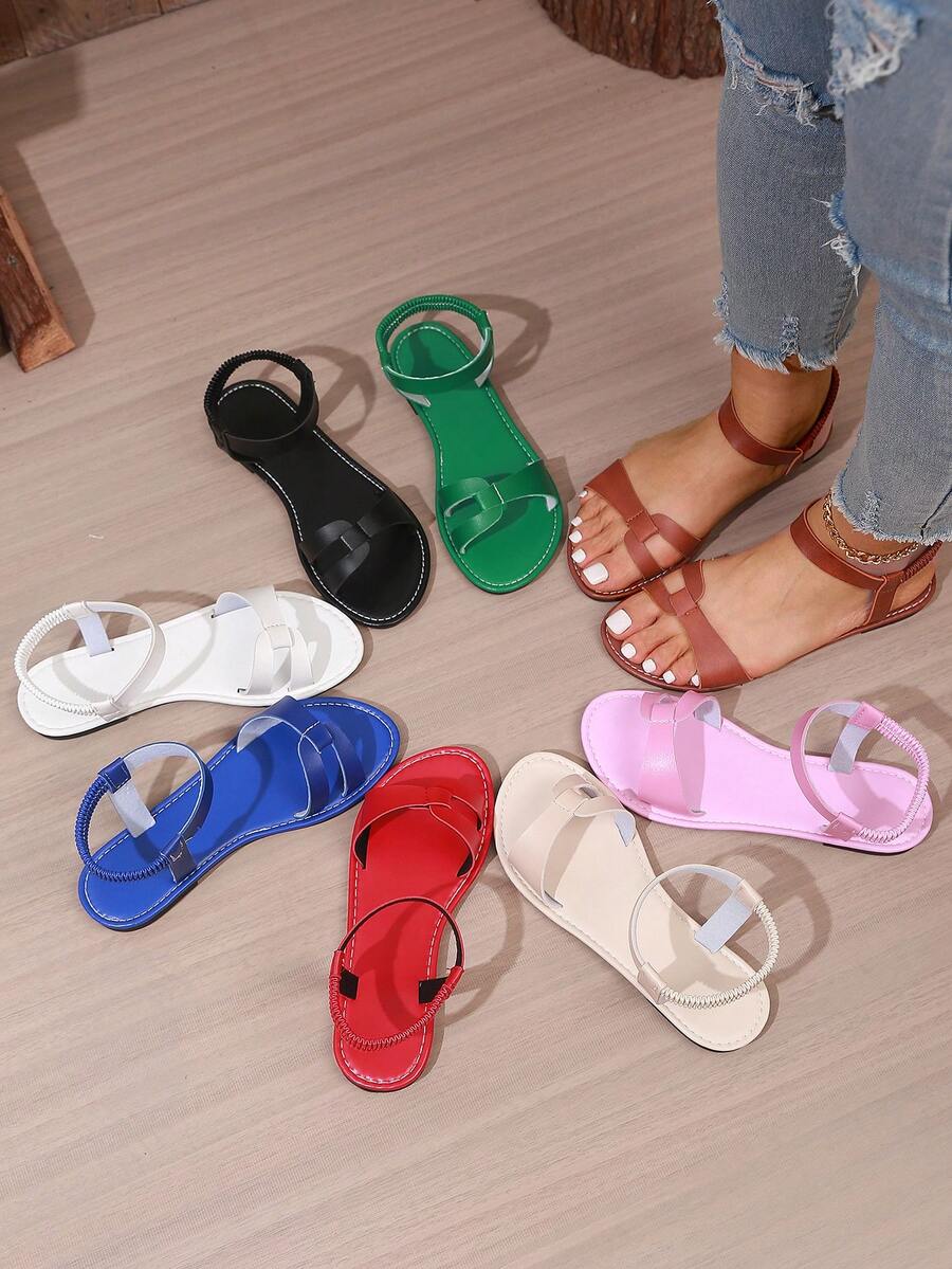Women's Fashion Elegant Elastic Backstrap Flat Sandals, Versatile Casual Wear, Available In Red Elegant Flat Sandals, White Casual Beach Sandals, Pink Girly Elegant Elastic Flat Sandals, And Black Versatile Geometric Front Strap Flat Sandals