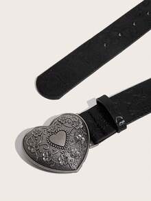 1pc Unisex Retro Buckle Patterned PU Leather Belt, Fashionable & Versatile For Everyday Wear Summer, School Fall, Autumn, Halloween - Black - View 2