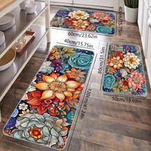 1pc Bohemian Feng Shui Colorful Floral Kitchen Floor Mat, Anti-Slip Soft Carpet, Waterproof Kitchen Mat, Anti-Fouling Mat, Machine Washable, Entrance Door Mat, Kitchen/Living Room/Laundry Room/Bathroom Absorbent Mat, Room Decor