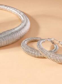 3 Stücke minimalistisches Silber Metall Chunky Halsketten und Ohrring Schmuckset