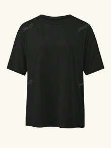 T-shirt personalizzabile con testo, numeri, loghi, nomi/testo/numeri fortunati, tinta unita nera, t-shirt ampia con maniche corte da donna, adatta per feste, all'aperto, sport casual, comoda per la primavera/estate, ideale per personalizzazioni per lauree, uniformi per raduni familiari