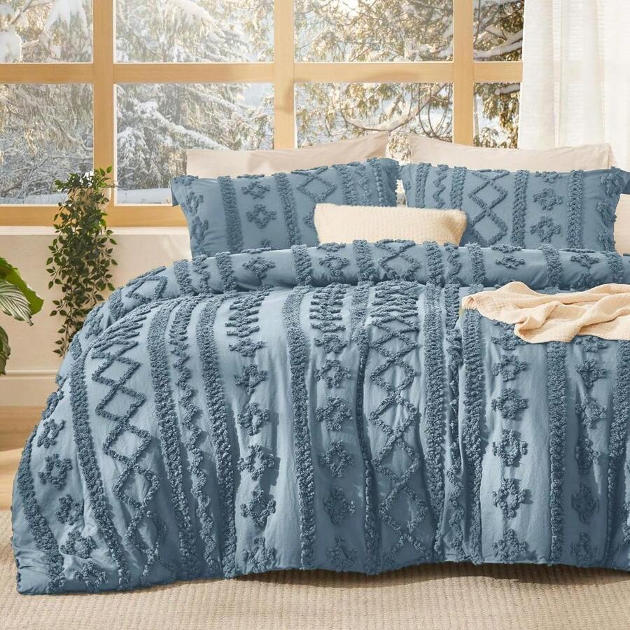 Luxurious Tufted Boho Comforter Set Queen Size - Premium Beige Bedding Ensemble With 3-Piece Shabby Chic Embroidery, Ideal Gifts For Women, Soft Jacquard Queen Comforter For All Seasons - 21 - 灰藍色 - 優雅 - 查看 1