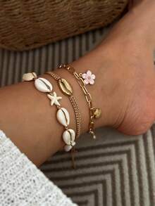 3pcs/Set Boho Style Alloy Flower, Starfish & Shell Woven Anklet - Gold - View 3