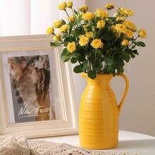 Farmhouse Pitcher Vase For Flowers- Ceramic Pitcher White Flower Vase For Your Kitchen/Home Decor/Office/Living Room/Bookshelf/Mantel/-White - Yellow - Pitcher Vase - View 2