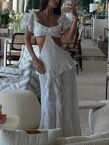 Sequin Patchwork Chiffon Off-Shoulder Sexy Short Sleeve Dress, Suitable For Wedding Guest, Birthday Party, Back To School Party - White - View 4