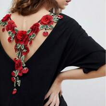 [16.9" Embroidered Applique Patch] 1pc Elegant Red 3D Floral Lace Trim, 16.9" X 13.8" Embroidered Applique Patch For DIY Sewing And Crafting - Polyester Organza Fabric, Perfect For Clothing Decoration & Accessories