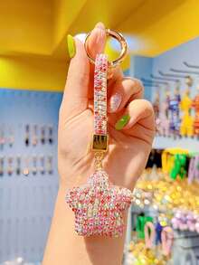 1pc Full Rhinestone Pentagram Keychain, Cute Tassel Bag Keyring Pendant For Men & Women