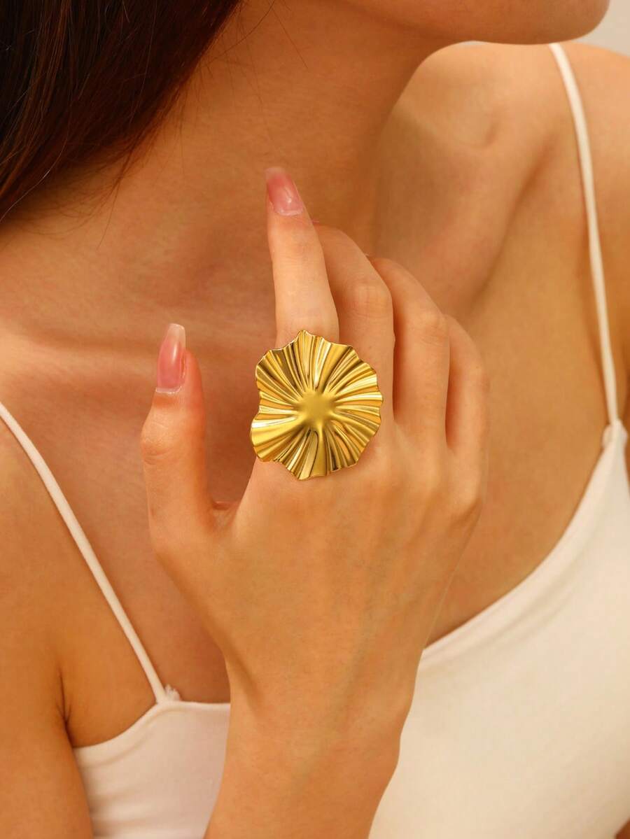 1 Stainless Steel Ruffle Open Ring, Exaggerated Summer Matching, Suitable For Daily Wear, Vacation Wear - JZ6681 - View 1