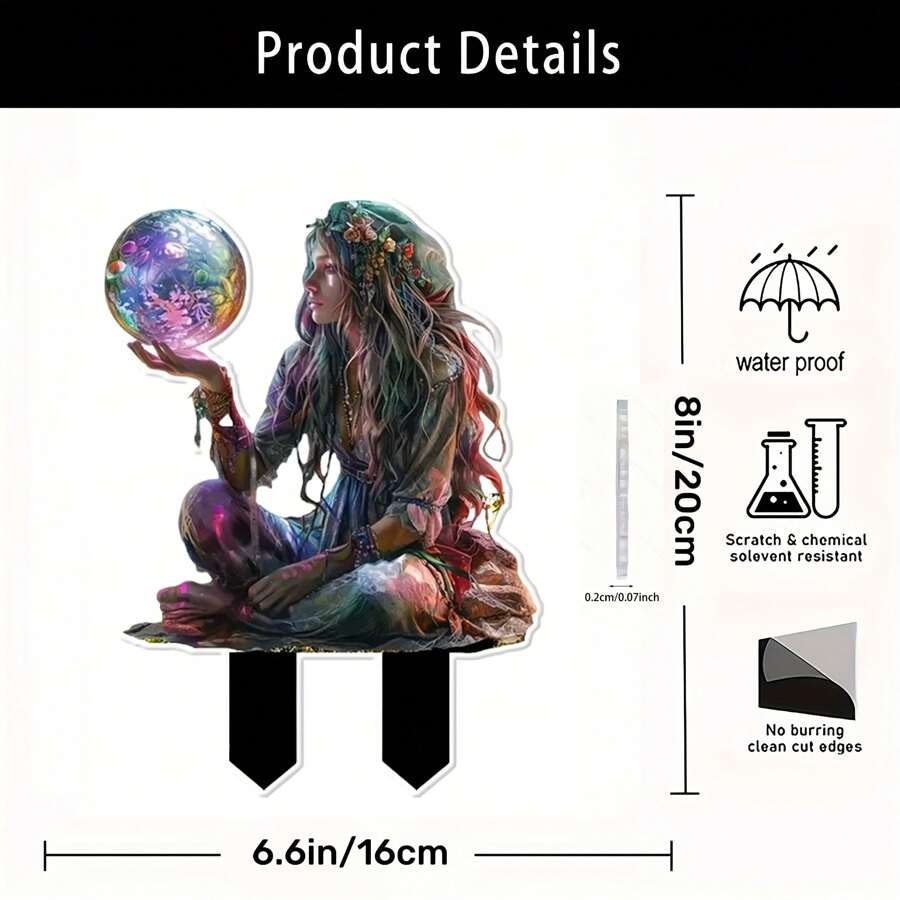 1 件 2D 平面异想天开的算命仙女与幻想水晶球亚克力花园桩 - 宗教主题户外装饰，适合毕业季，防水装饰艺术插入，适用于花盆和景观美化