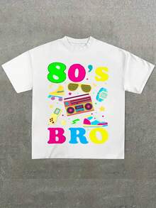 Para hombre,Camisa de T-Con el Motivo "80's BRO" y Elementos Retro "Camisa de T con el Motivo '80's BRO' y Elementos Retro",Camiseta casual de cuello redondo y manga corta con estampado,adecuada para uso diario en primavera y verano,unisex - Blanco - Ver 1