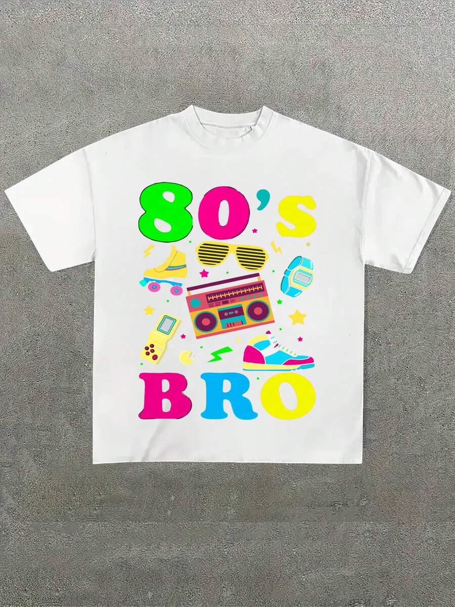 Para hombre,Camisa de T-Con el Motivo "80's BRO" y Elementos Retro "Camisa de T con el Motivo '80's BRO' y Elementos Retro",Camiseta casual de cuello redondo y manga corta con estampado,adecuada para uso diario en primavera y verano,unisex - Blanco - Ver 1