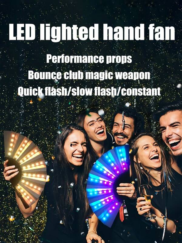 Abanico plegable con luces LED grande y brillante, de mano, de colores, para fiestas, regalos, actuaciones, bodas, cumpleaños, decoración del hogar, discotecas, accesorios fluorescentes, cosplay, que brilla en la oscuridad. Incluye baterías, cables y compartimento de baterías en negro o blanco.