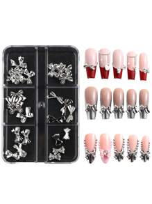 60 pezzi Decorazioni per unghie in metallo argento a forma di fiocco, accessori di lusso per manicure fai-da-te, parti in lega di alluminio 3D a forma di fiocco e nastro argento