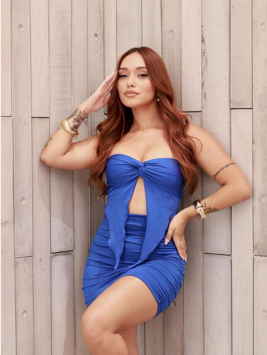 Women's Set Gringa Fashion Short Skirt And Top With Front Knot Detail Fashion Blogger Style - Royal Blue - View 1