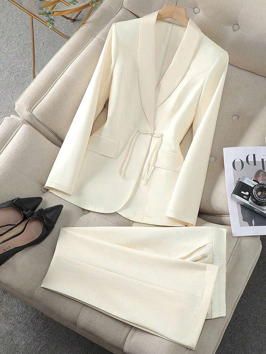 Women's Spring/Autumn Chinese Style Shawl Neck Buttoned Decor Fitted Long Sleeve Jacket & Pants Business Suit Set - Apricot - View 1