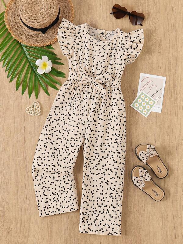 Young Girls Fashion Heart Print Ruffled Sleeveless Jumpsuit + Belt