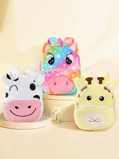  MICHLEY 1pc Unisex Kids Plush Backpack, Cute Cartoon Cow, Giraffe, Unicorn Design With Double Zipper, Student School Supplies, Suitable For Travel, Outdoor, Camping, Holiday Gift