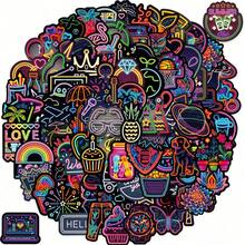 100 张霓虹灯风格贴纸，创意贴纸包乙烯基防水适用于水瓶笔记本电脑吉他滑板剪贴簿，适合青少年成人的美学贴纸 - 彩色 - 查看 2