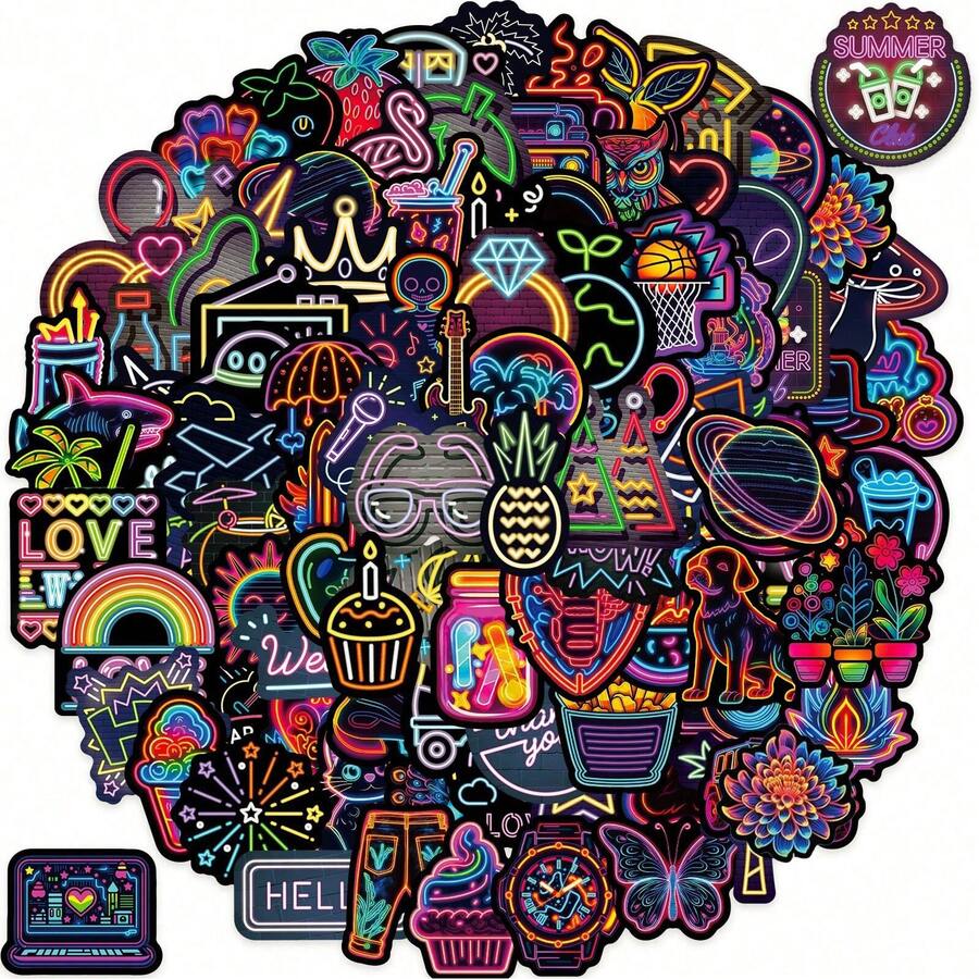 100 张霓虹灯风格贴纸，创意贴纸包乙烯基防水适用于水瓶笔记本电脑吉他滑板剪贴簿，适合青少年成人的美学贴纸