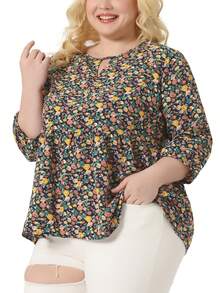 Women's Plus Size Tops 3/4 Sleeves Babydoll Chiffon Keyhole Floral Flowy Tops Blouses Shirt - Navy Blue - View 2