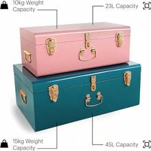 Fashionable Storage Trunks Set Of 2 Pink Teal Steel Chests With Gold Accents Stackable Bedroom Organiser With Secure Lids Durable MultiPurpose Blanket Toy Box Essential For  Spaces - Teal/Pink - View 7