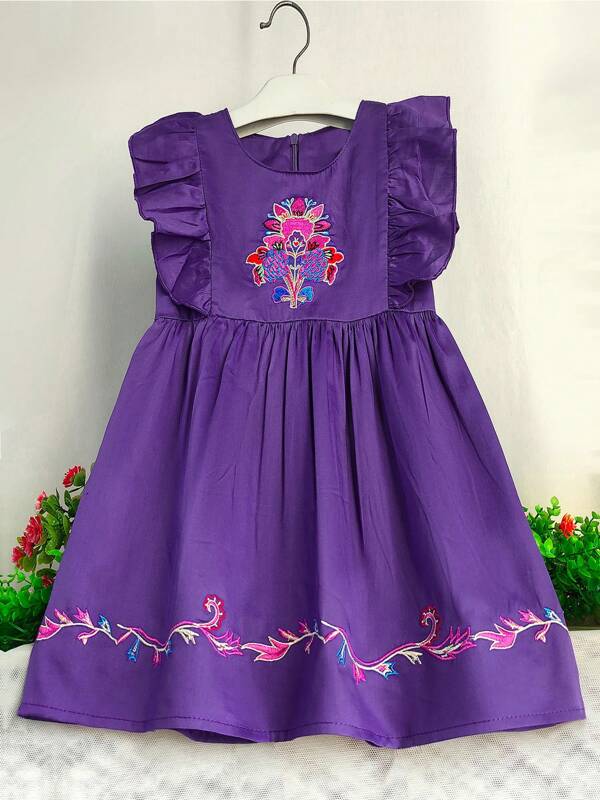Girls Casual Embroidered Floral Dress Little Girls Fashion Birthday Gift Princess Dress Young Girl Pure Cotton Puffy Sleeve Clothes
